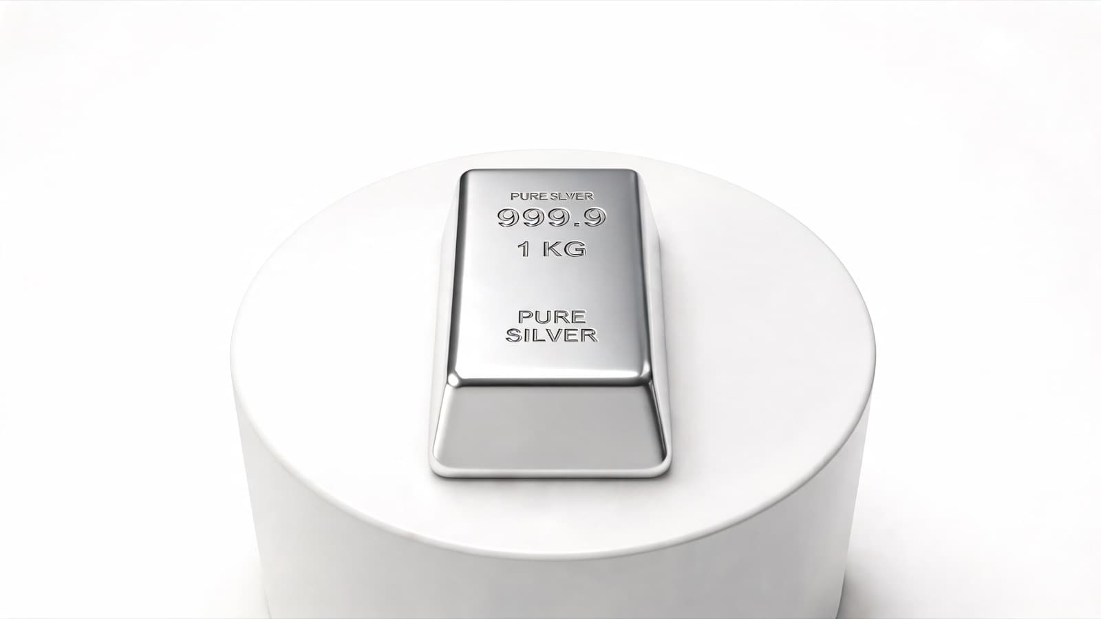 1 kg pure silver bar on a white plinth, studio shot