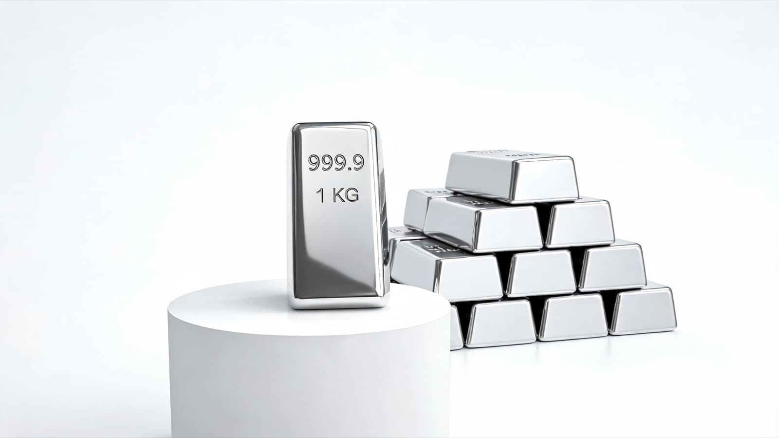 1 kg silver bar on plinth with stacked silver bars