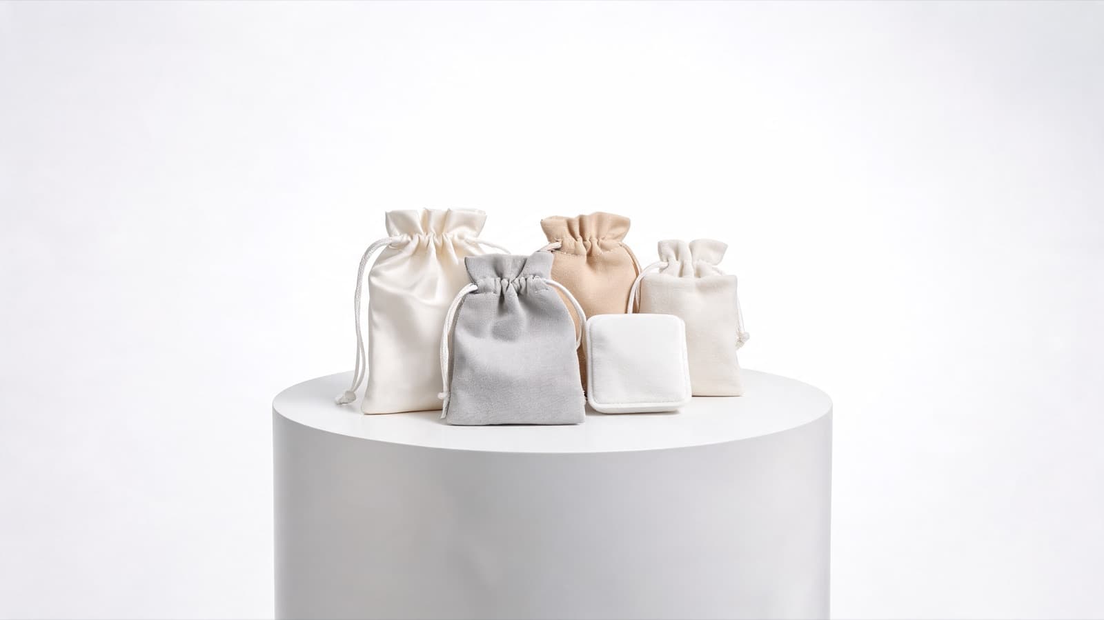A group of empty jewellery pouches on a white podium