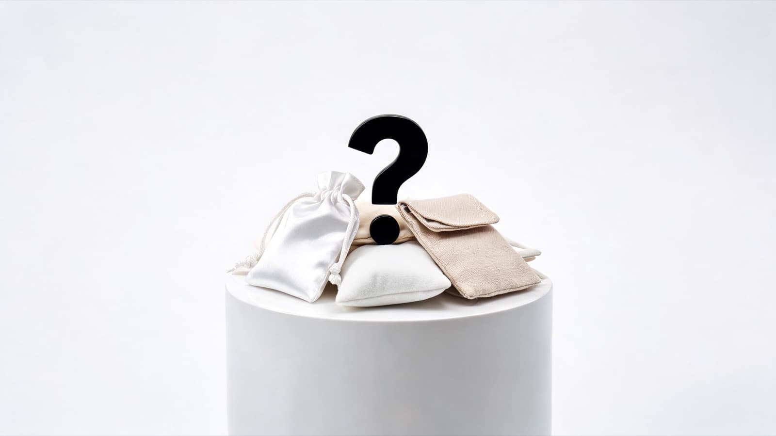Cluster of jewellery pouches on a white podium with a black question mark above — bring anything in