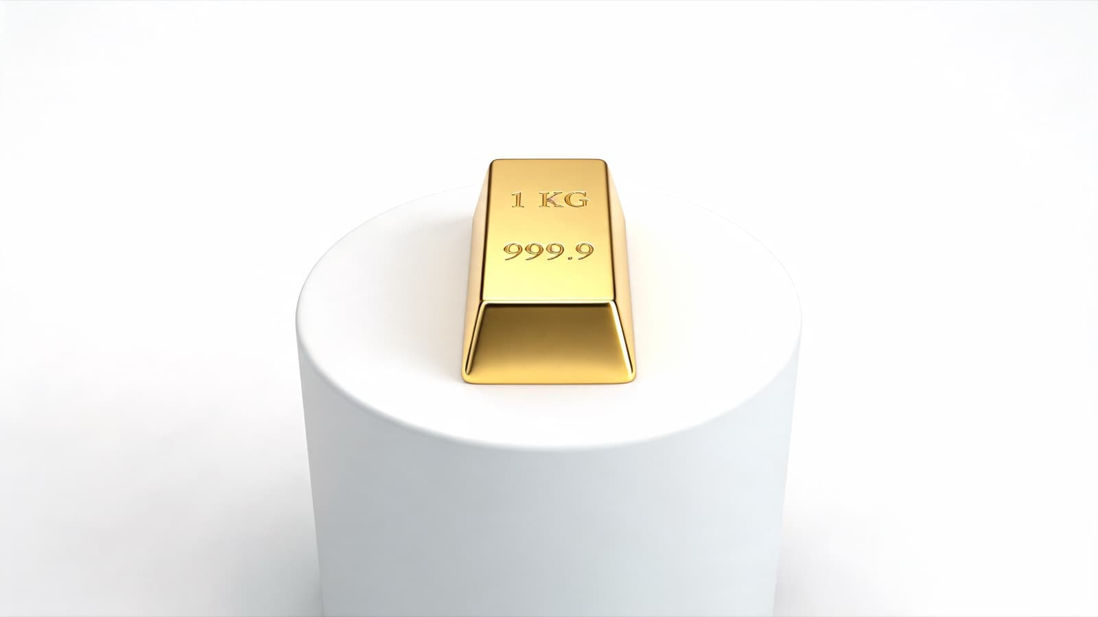 1kg fine gold bar on a white podium