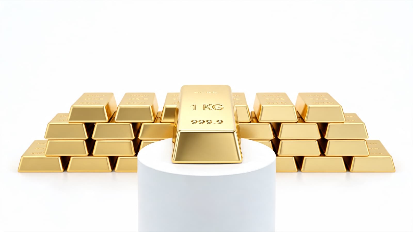 1 kg gold bar on plinth with a pyramid of gold bars behind