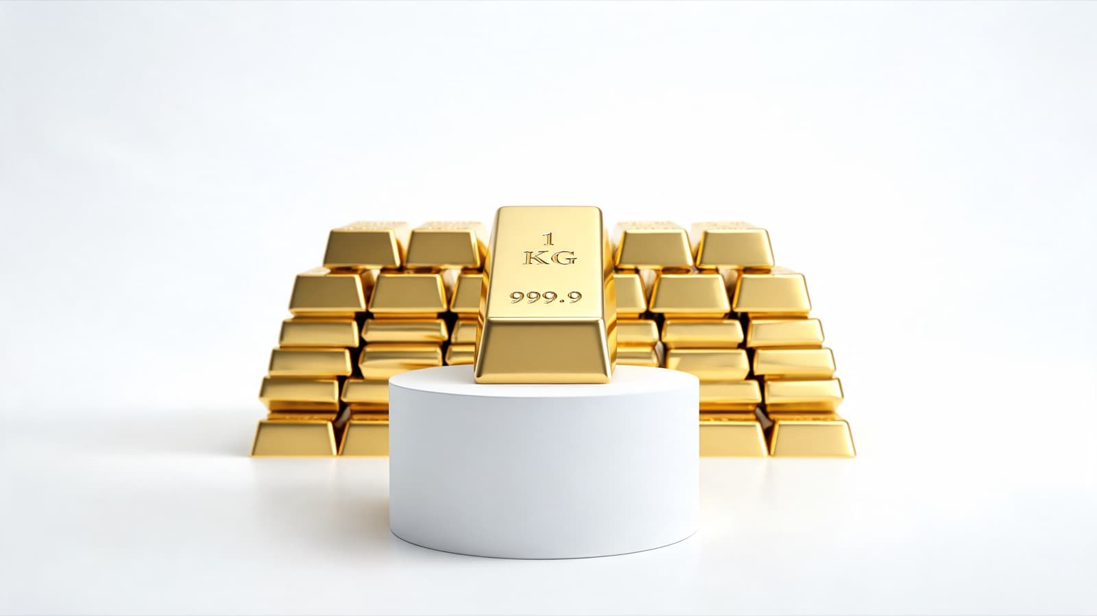 Rows of 1 kg gold bars on white plinths