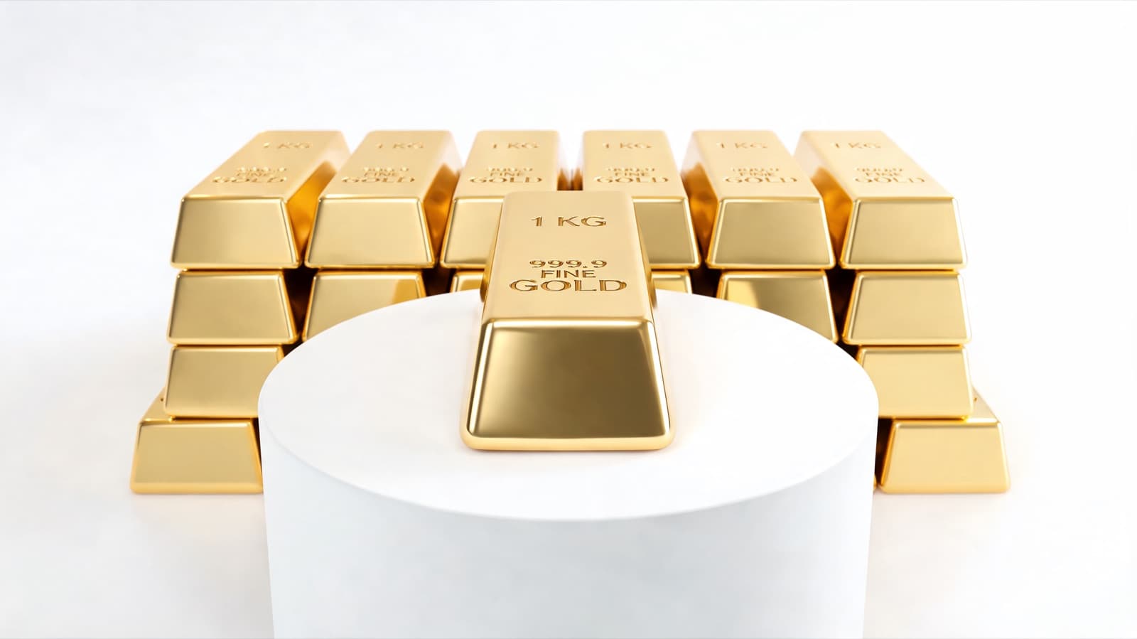 1 kg fine gold bar on plinth with stacked rows of gold bars behind