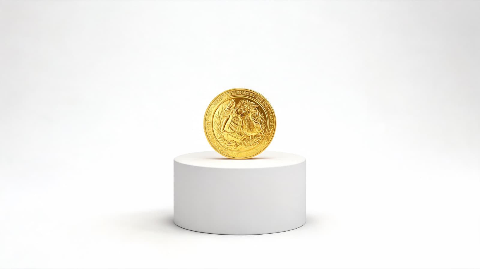 Single gold coin standing on a white plinth, studio shot