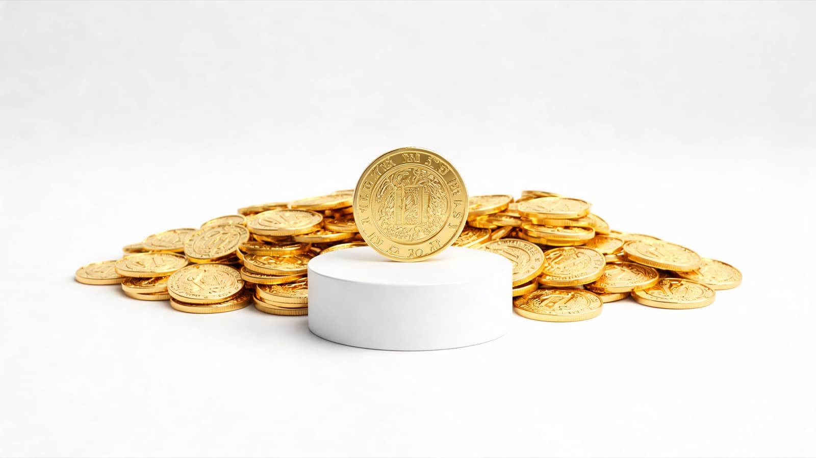 Gold coin on plinth with a mound of gold coins behind