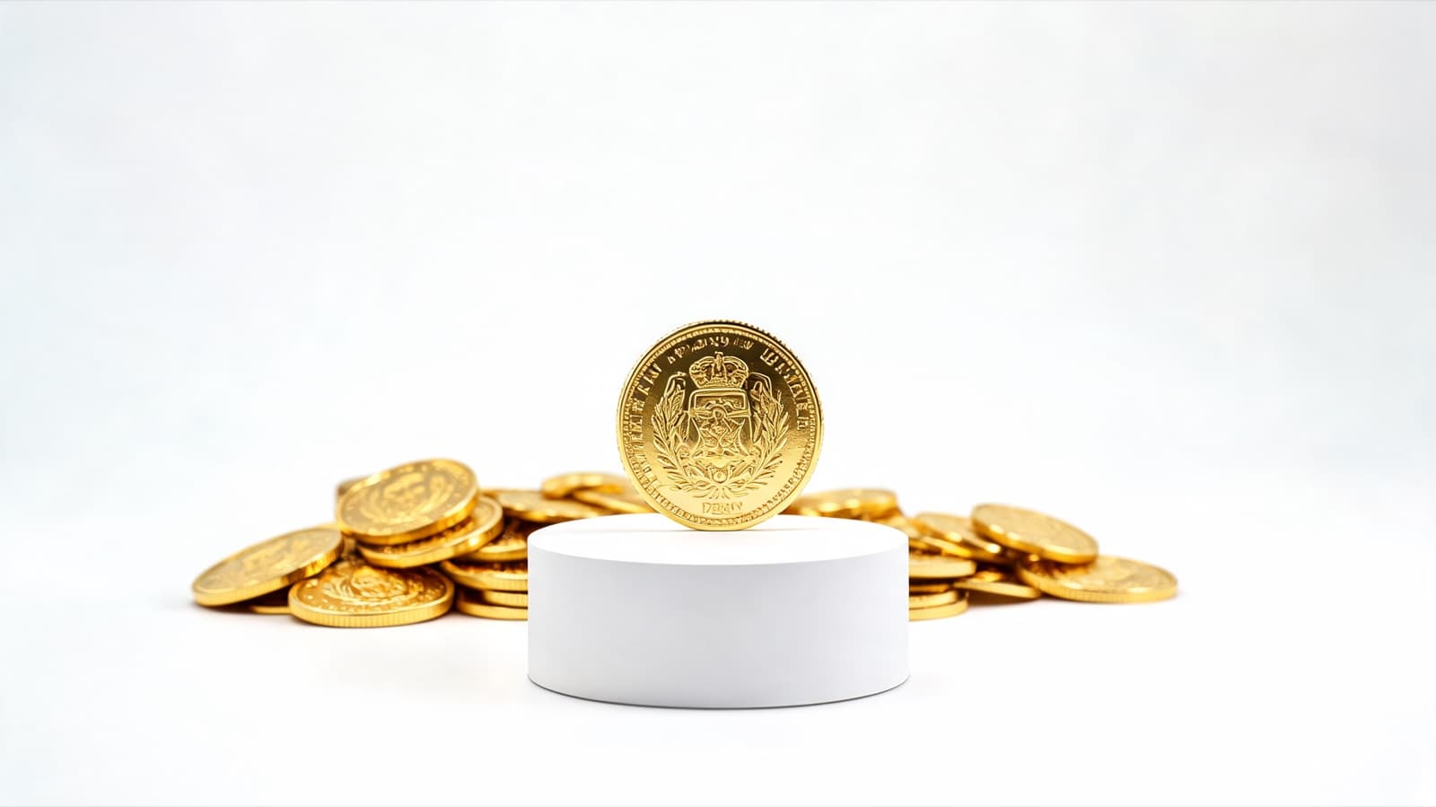 Gold coin standing on plinth with a pile of gold coins beside