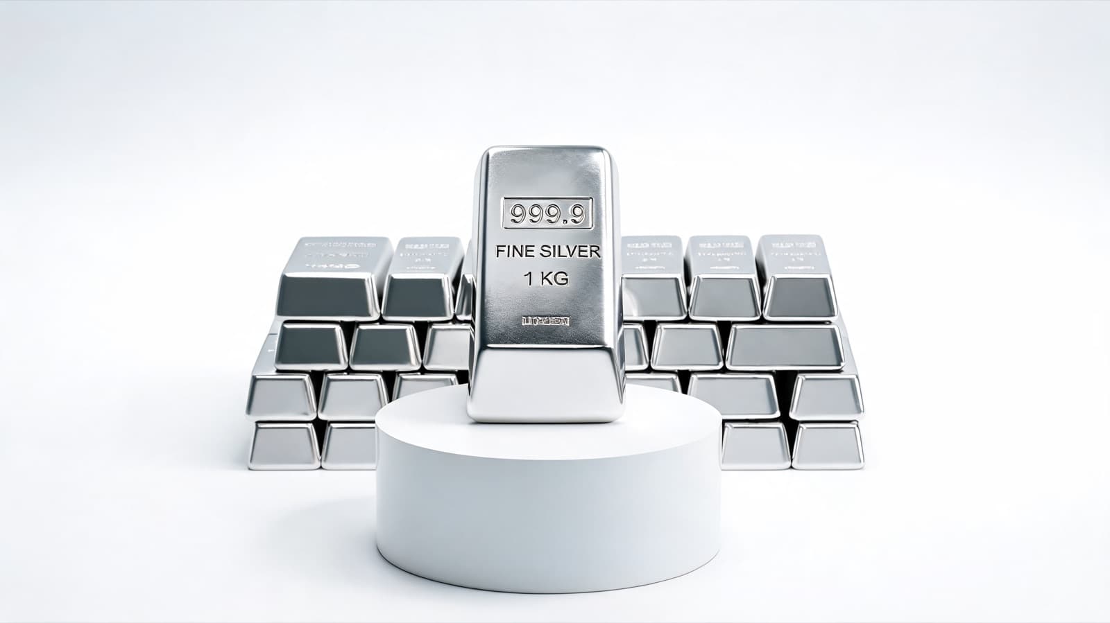 1 kg silver bar with rows of silver bars on white plinths