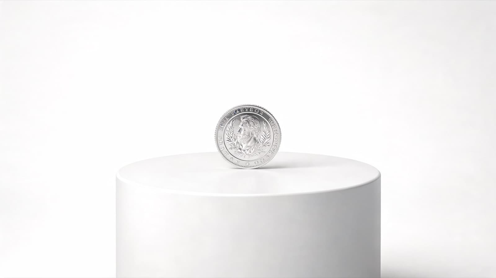 Single silver coin on a white podium