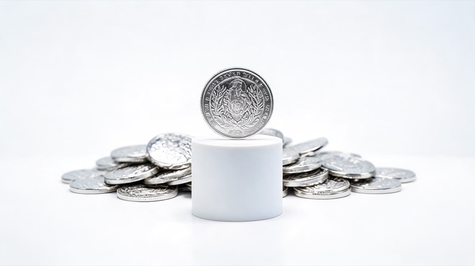 Silver coin on plinth with a mound of silver coins behind