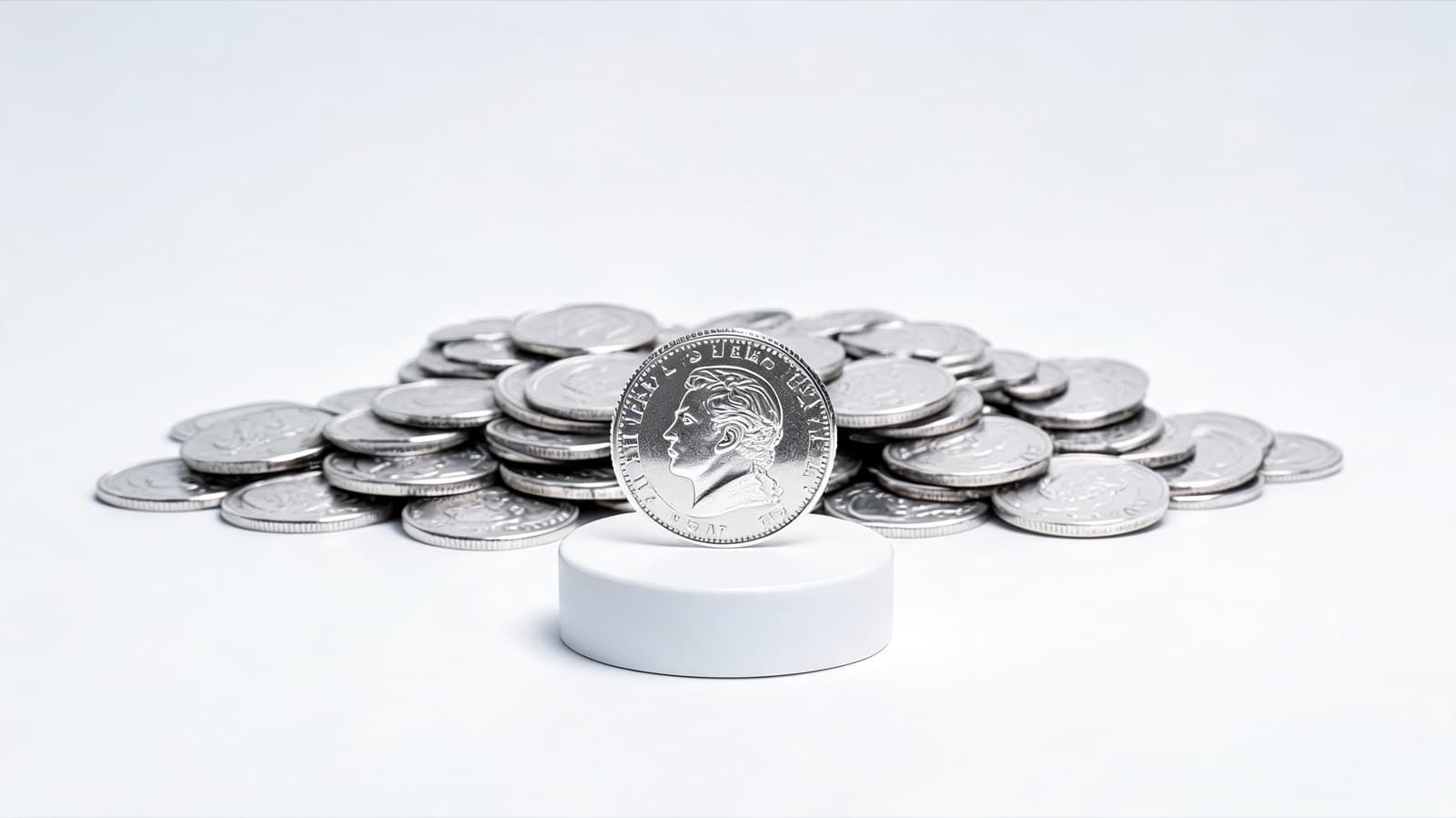 Silver coin standing on plinth with a pile of silver coins behind