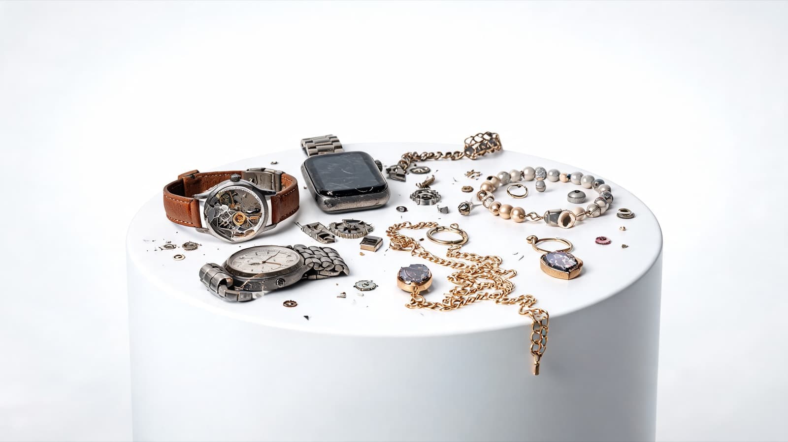 Mixed scrap lot — broken chains, watch parts, loose gold pendant, beaded bracelet, single ring