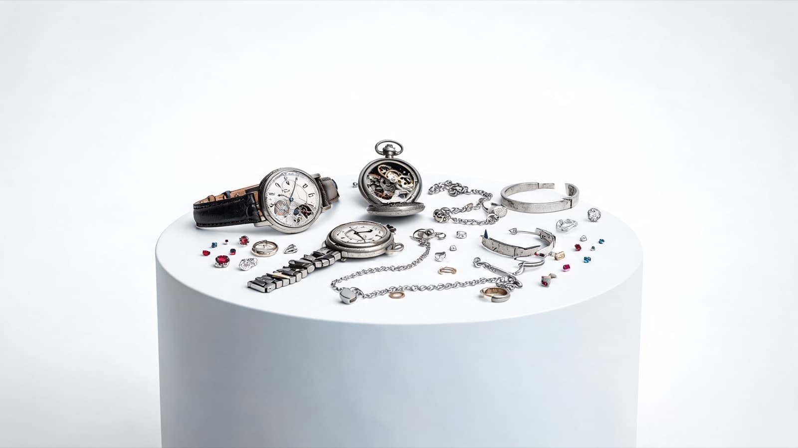 A studio collection of timepieces — chronograph, pocket watch with skeleton movement, dress watch, scattered chains and loose stones